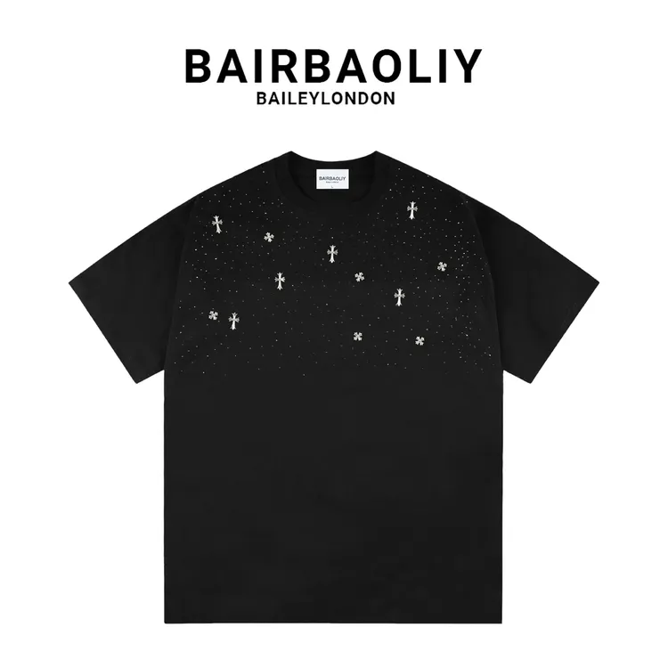BAIRBAOLIY潮牌满天星大牌质感闪钻十字架短袖T恤街拍痞帅男装