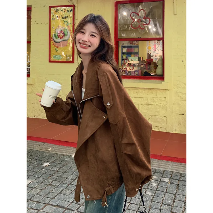 美拉德复古咖色麂皮夹克外套女2025秋季宽松休闲工装机车服夹克