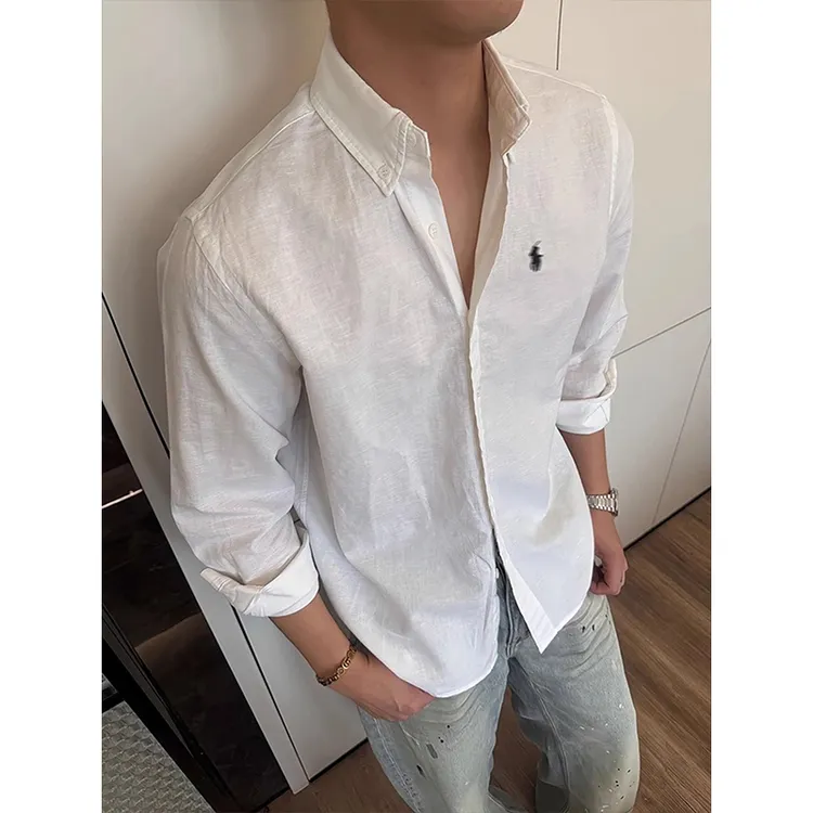 白色小马刺绣老钱风亚麻衬衫男夏季薄款慵懒风高级感衬衣凉感外套
