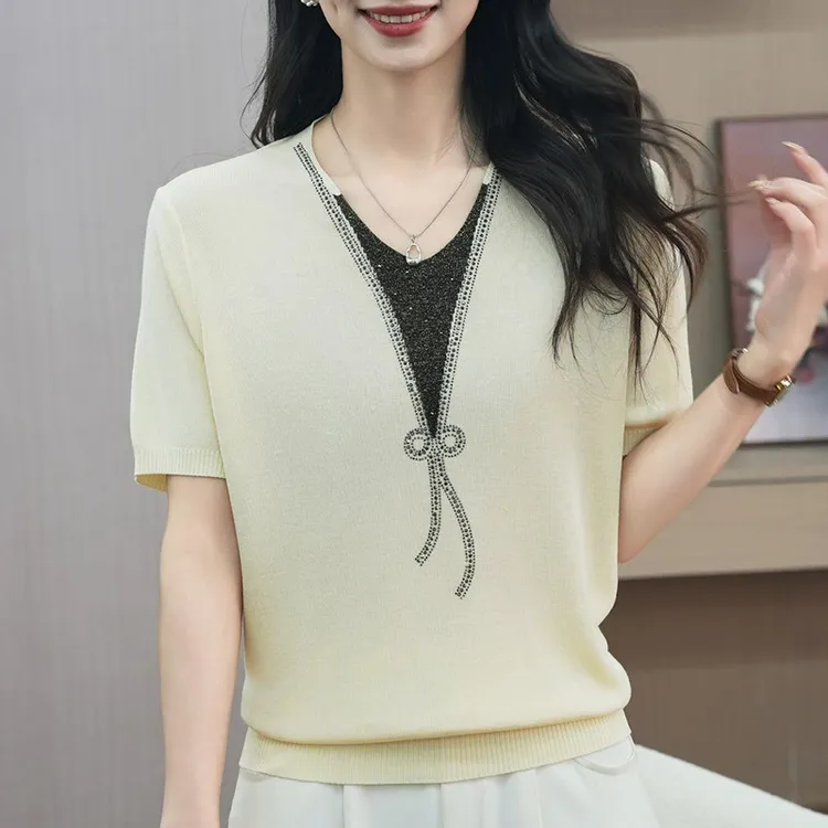 哥弟阿玛施正品针织衫女夏装新款V领上衣宽松显瘦薄款大码短袖T恤