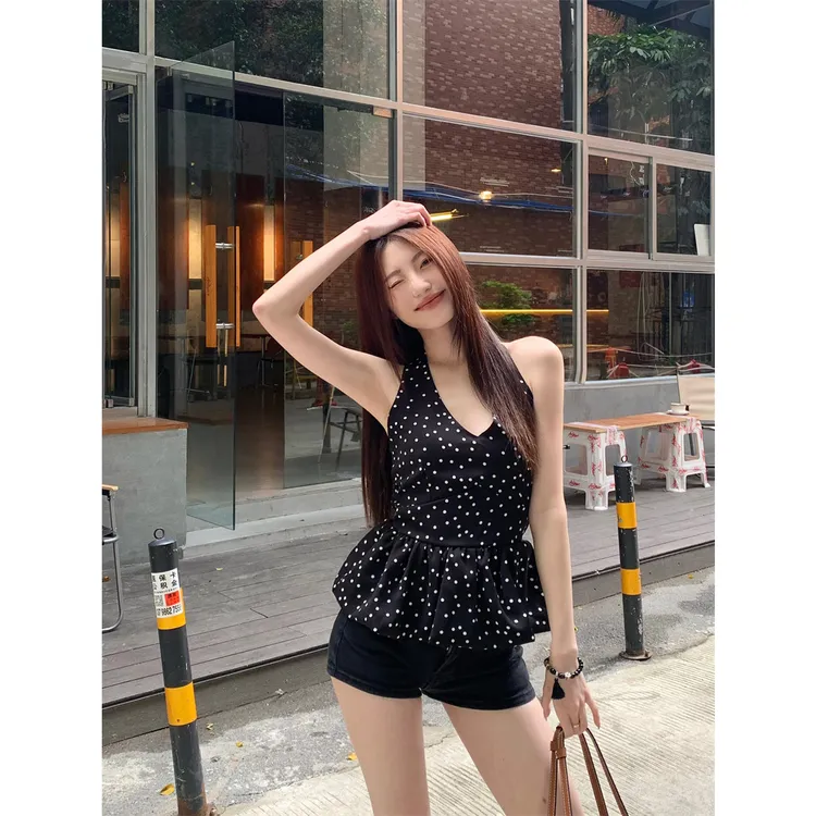 法式黑色波点挂脖吊带背心女夏季辣妹收腰短款设计感露背外穿上衣