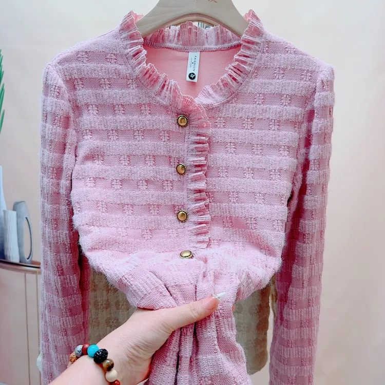 木耳领加绒加厚网纱蕾丝衫打底衫宽松衬衫显瘦内搭小香风上衣保暖