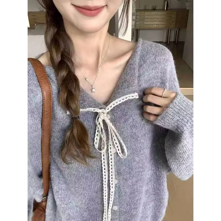 秋冬新款韩版拼接花边翻领针织开衫女毛衣外套时尚设计感宽松上衣