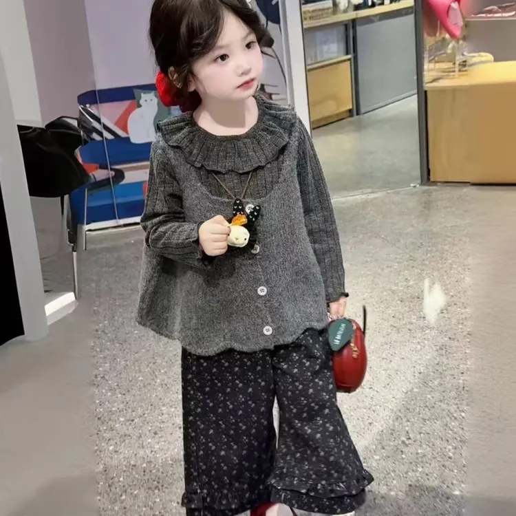 女童毛衣马甲套装2025秋季新款儿童荷叶领长袖针织衫女宝宝碎花裤