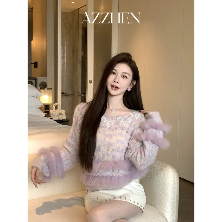 （假日穿搭）AZZHEN【蝴蝶物语】彩纱毛衫拼接狐狸毛上衣AZ4KBT39-00