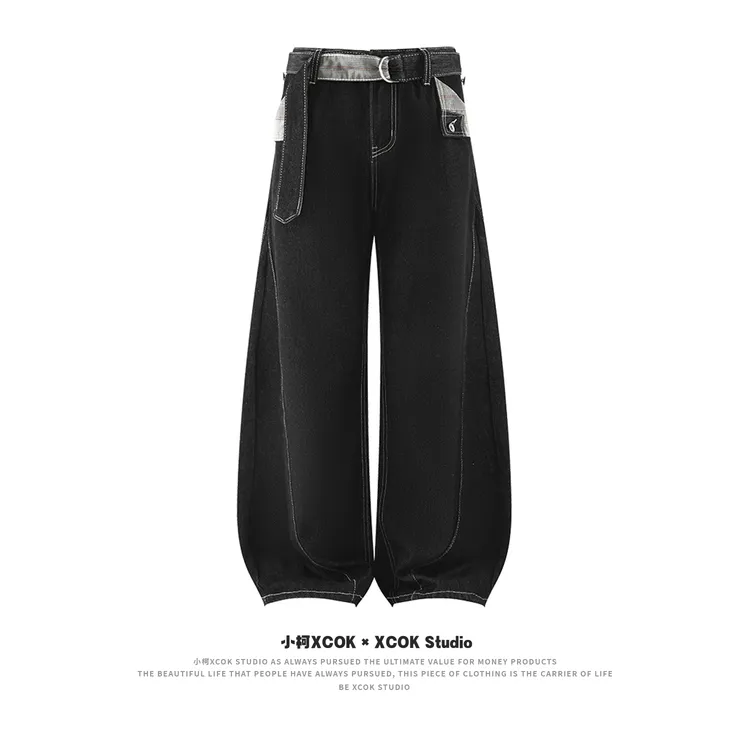 XCOK "秋冬树脂原牛"千鸟格美式宽松微喇牛仔裤弯刀直筒阔腿裤