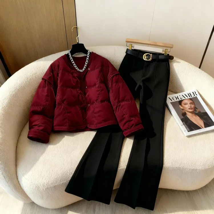 老钱风红色丝绒棉服保暖外套女冬季新款法式气质喇叭阔腿裤两件套