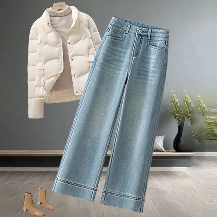 拉夏贝尔复古窄版牛仔裤女秋冬2025年新款加绒显瘦高腰直筒阔腿裤