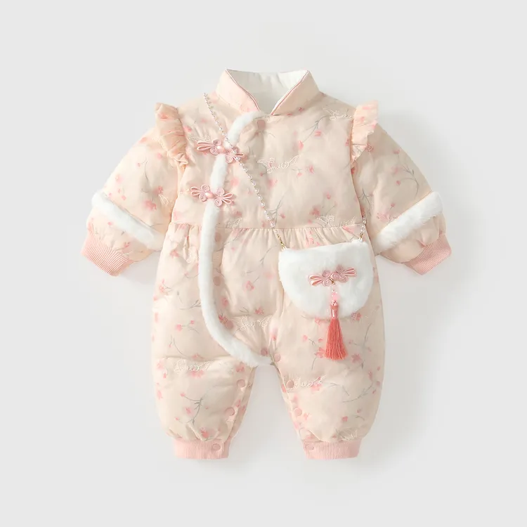 婴儿衣服冬装女宝宝连体棉衣冬季夹棉加绒加厚中国风百天周岁礼服