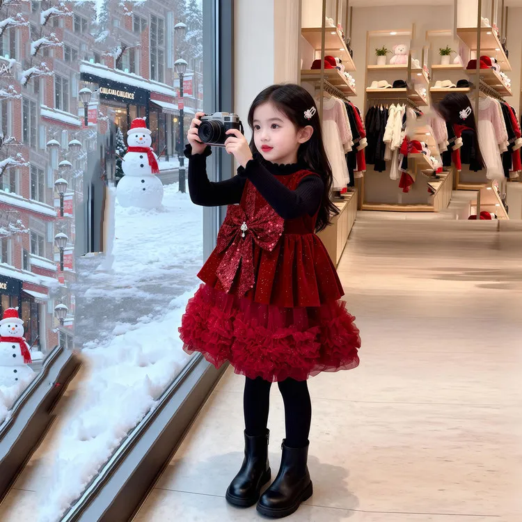 女童公主裙冬装2026新款儿童网纱背心连衣裙小女孩丝绒年服裙套装