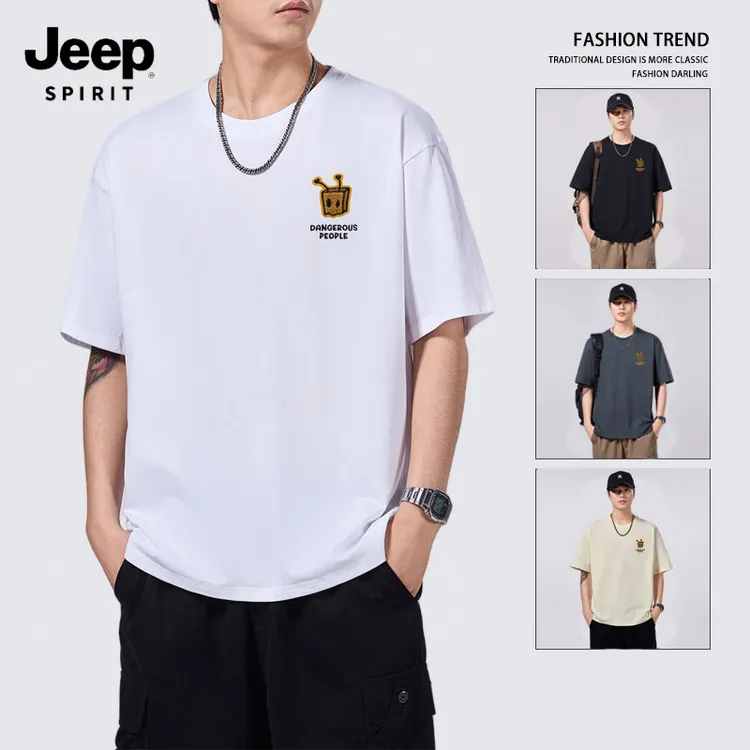 JEEPSPIRIT吉普夏季男士美式高街潮牌印花宽松圆领潮流短袖T恤