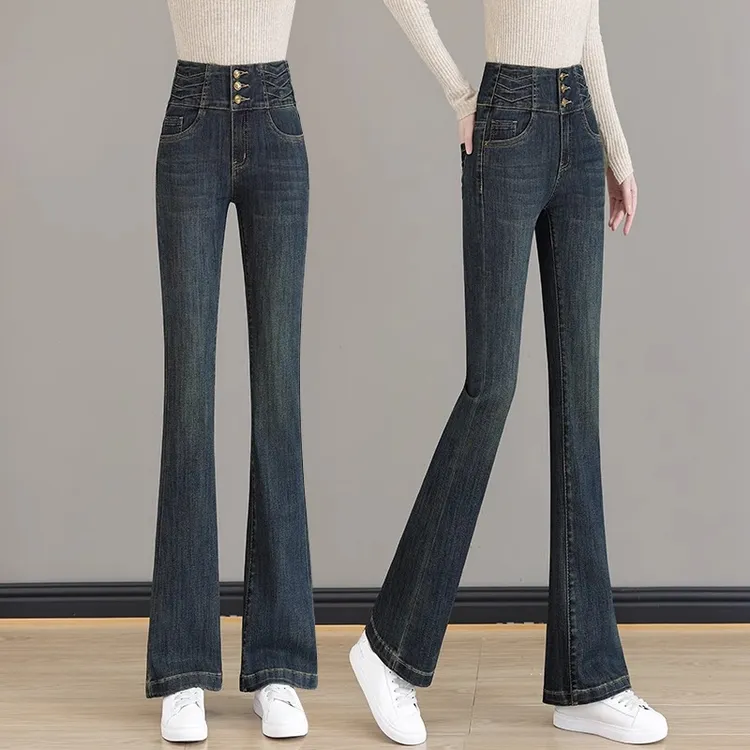 牛仔裤加绒微喇女裤子秋冬季2024新款高腰显瘦复古长裤弹力喇叭裤