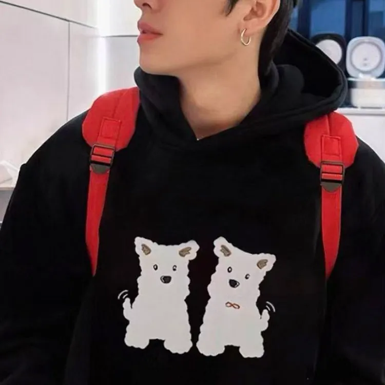 WASSUP dream春秋慵懒连帽卫衣男女新款毛绒刺绣小狗韩版情侣上衣