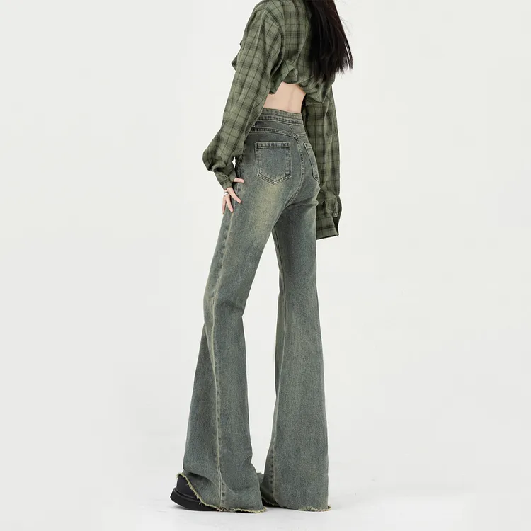 中腰微喇牛仔裤女2025春秋新款宽松阔腿设计感显瘦喇叭拖地马蹄裤