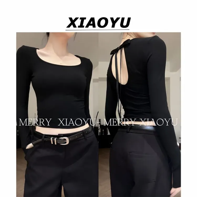 ENXIER【时髦秘密】松弛感蝴蝶结露背修身短款T恤显瘦正肩上衣女