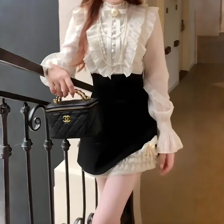 萝拉小姐秋季气质显瘦法式高级感千金风衬衫上衣+半身短裙套装女