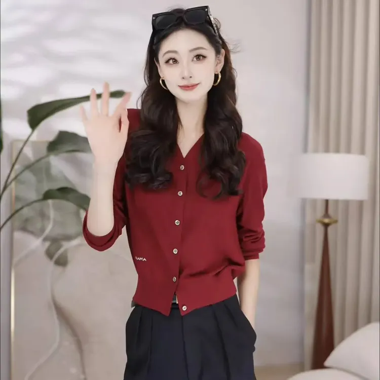 AMASS/阿玛施25年新款复古型长袖v女式韩版V领针织开衫