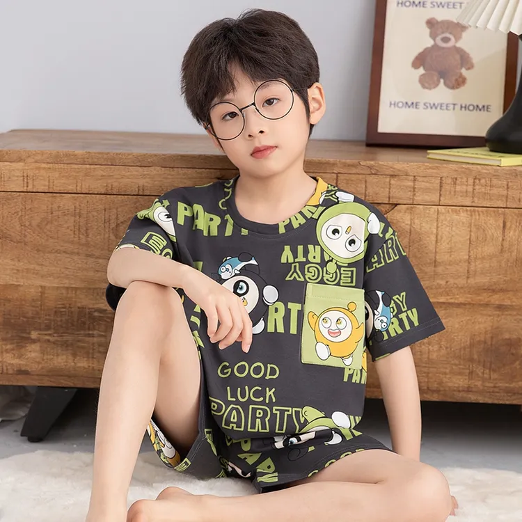 伊束姿男童睡衣夏季薄款短袖纯棉儿童睡衣男孩夏天中大童家居服