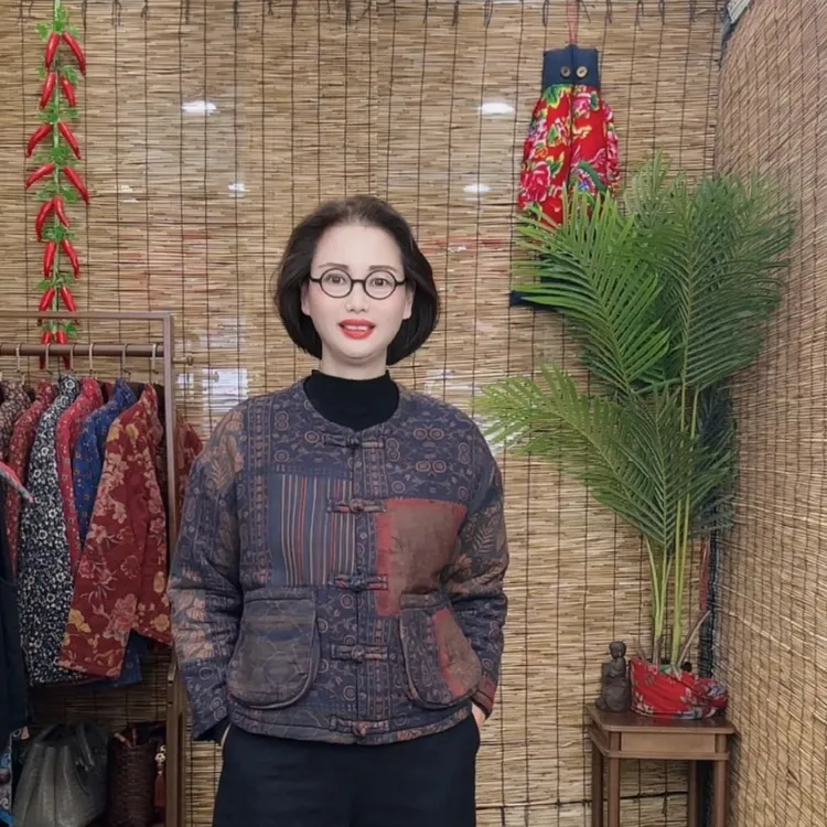 <小圆方2>双层斜纹棉圆领盘扣长袖宽松休闲加厚棉衣优雅妈妈2486