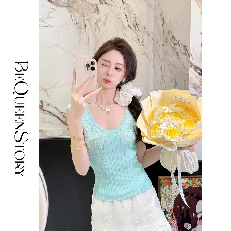 韩韩IU【薄荷海贝】高定时尚圆领修身冰麻超细纱针织小上衣夏季新款