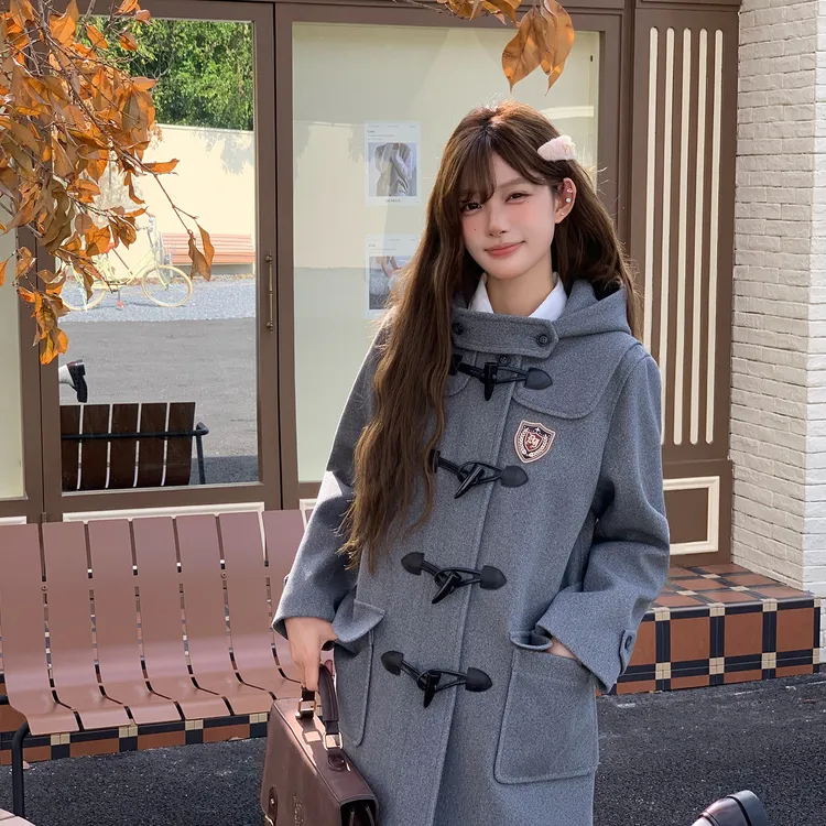 东京岁时记jk秋冬款牛角扣学院风女小个子灰色大衣日系毛呢外套