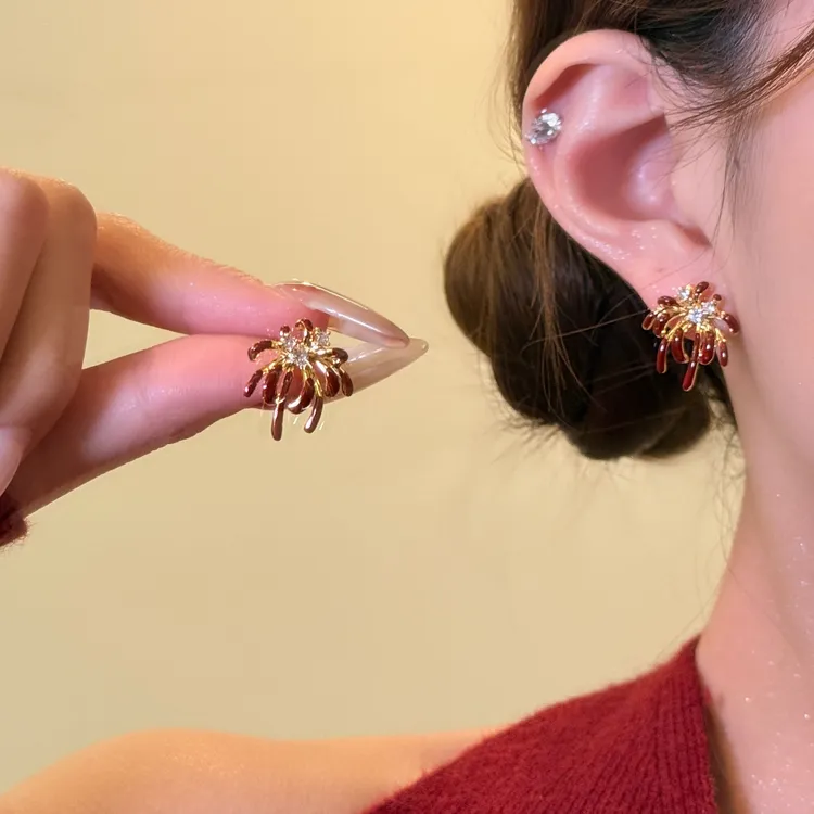 铜合金锆石耳饰 秋冬气质红色闪锆烟花耳环女圣诞氛围感耳针耳饰
