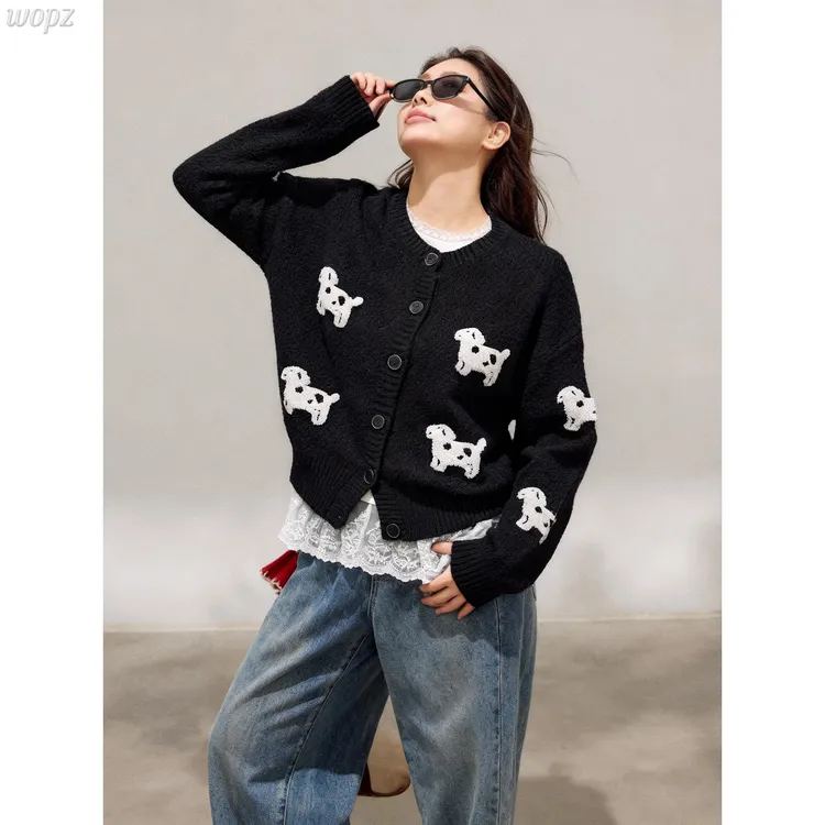 大码女装胖妹妹mm春秋季韩系显瘦小狗毛衣外套女宽松针织开衫上衣
