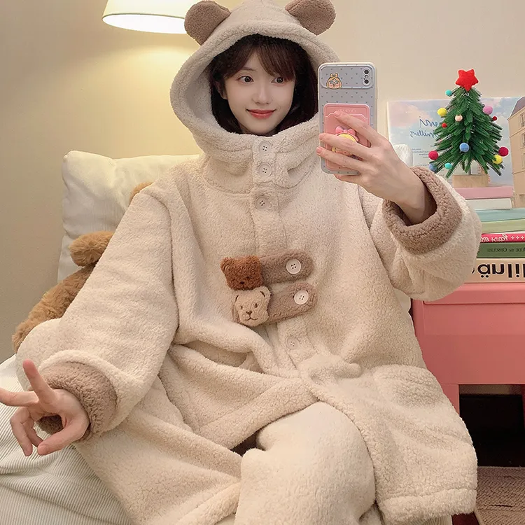 200斤睡衣女冬季羊羔绒加厚加绒保暖女加肥加大珊瑚绒家居服套装