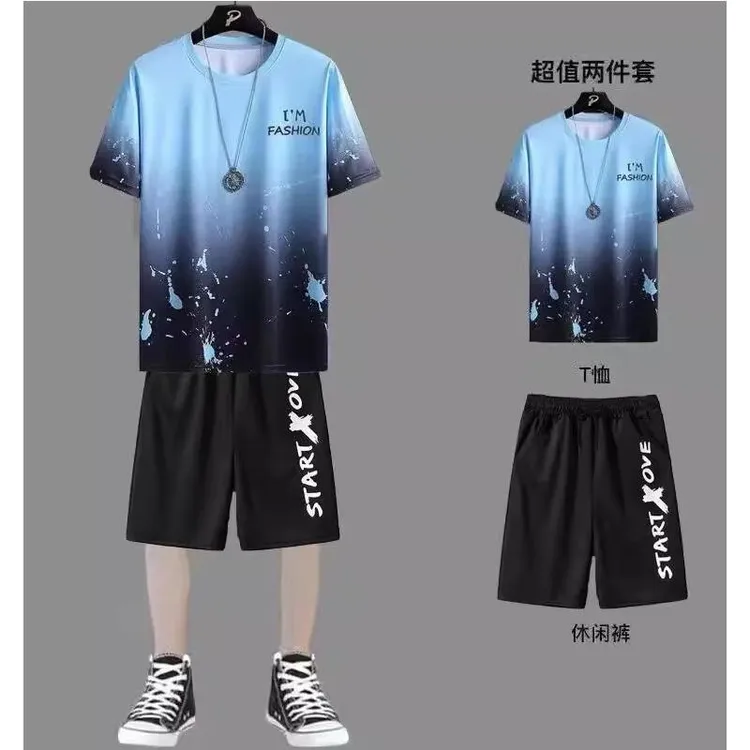 新款速干冰丝渐变套装男短袖t恤夏季休闲短裤运动两件套帅气男装