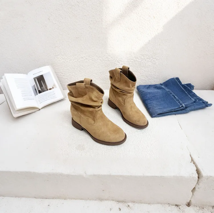 【平增高8cm】1  美拉德V口堆堆靴女中筒显瘦褶皱复古女靴