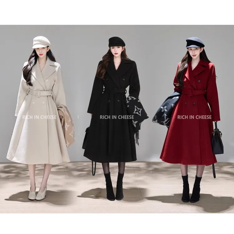 舒胡蕾 机场女明星 冬季气质时尚收腰赫本风长款毛呢大衣