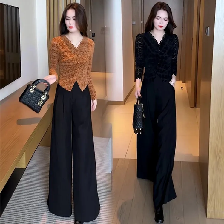 时尚套装秋冬显瘦小众设计感V领蕾丝减龄打底上衣阔腿裤休闲气质