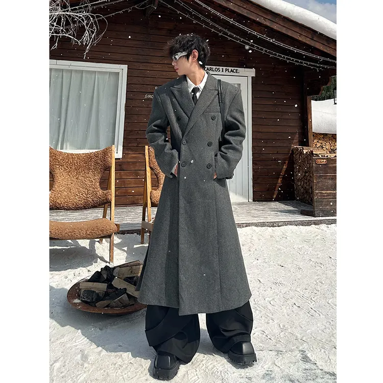 克鲁苏文职韩系收腰垫肩毛呢大衣男款秋冬高级感过膝长款风衣外套