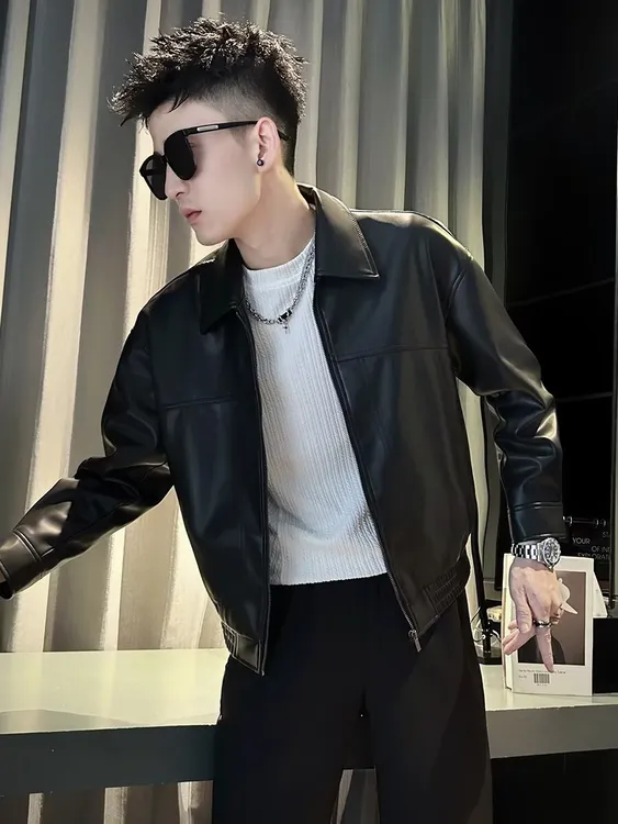 翻领厚款纯色秋冬季常规皮衣休闲潮流防风防水夹克外套男士百搭