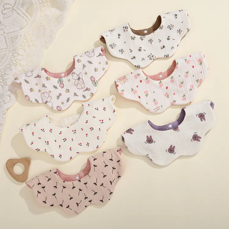 防水加大加厚新款口水巾六层棉纱布花朵围嘴新生儿婴幼儿宝宝围兜