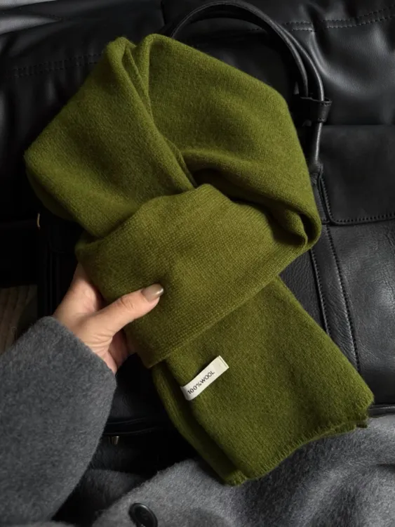  100%羊毛针织毛线围巾男女保暖百搭显白绿色小围脖冬季