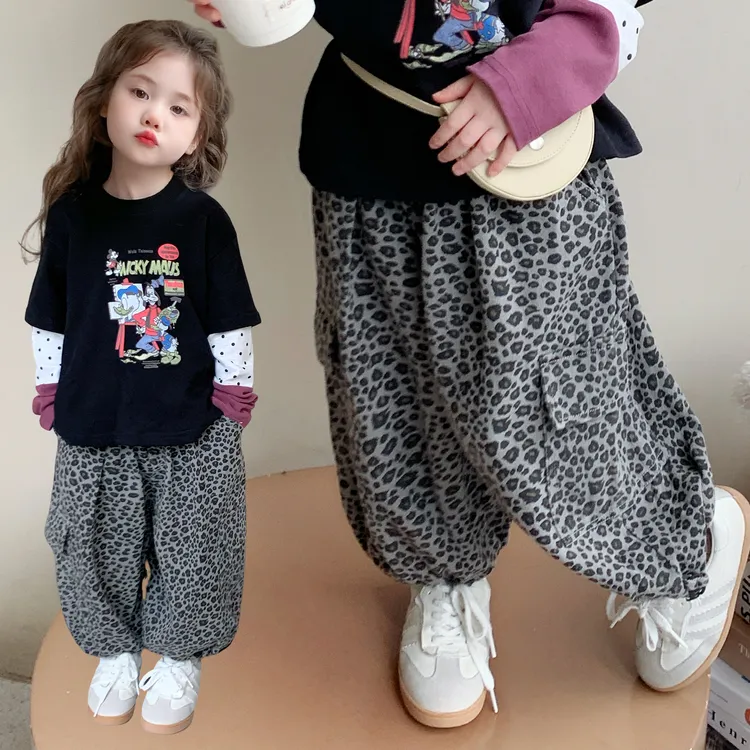 豹纹女韩版休闲风春秋秋季套装印花小童童装百搭满印