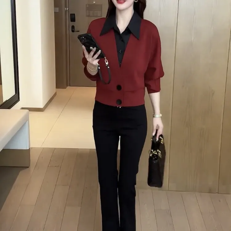 拉夏贝尔时尚洋气套装女2025遮肉显瘦假两件衬衫微喇裤减龄两件套