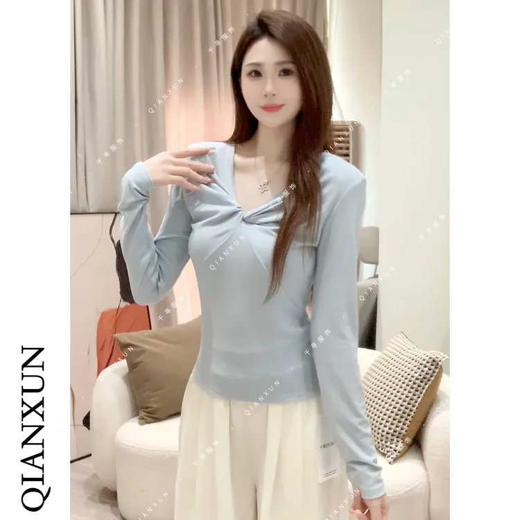 千寻家 秋冬新款显瘦扭结显瘦T恤上衣蓝色V领长袖打底衫女514