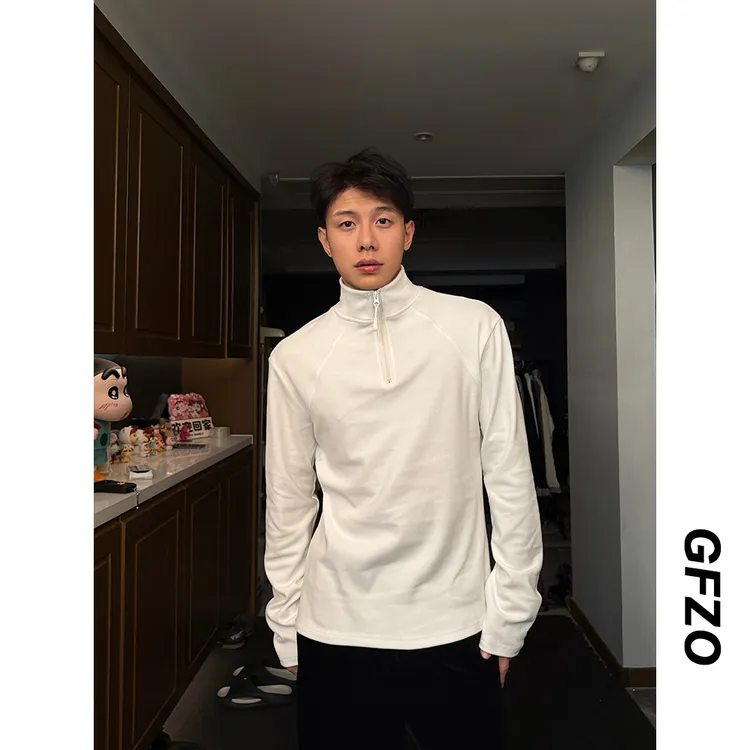 秋冬半高领拉链德绒打底衫休闲运动百搭保暖长袖T恤插肩袖上衣