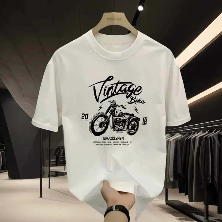 2025夏季新款潮流时尚宽松百搭圆领印花图案白色短袖T恤男士ins