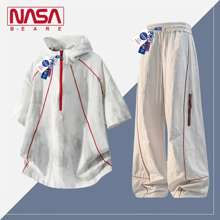 NASA联名美式扎染连帽短袖套装夏季宽松休闲男户外登山运动两件套