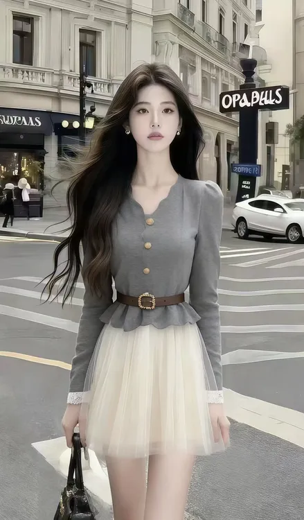 早秋法式小香风灰色V领长袖收腰系带上衣+杏色百搭半身裙女两件套