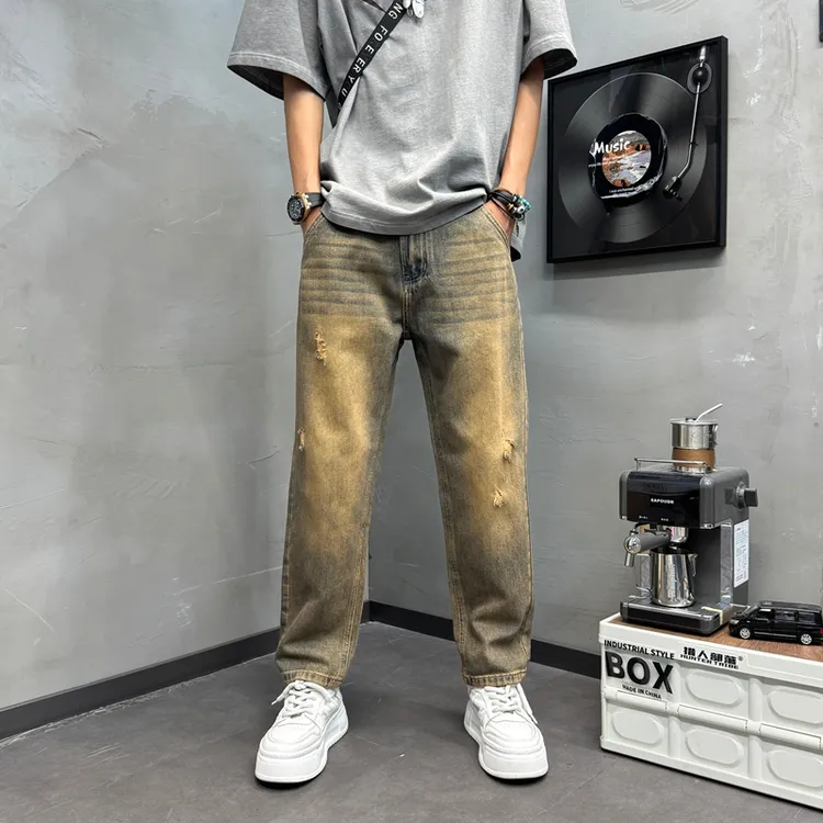 宽松流行休闲裤2025男士直筒裤做旧轻薄牛仔裤哈伦长裤秋季阔腿裤
