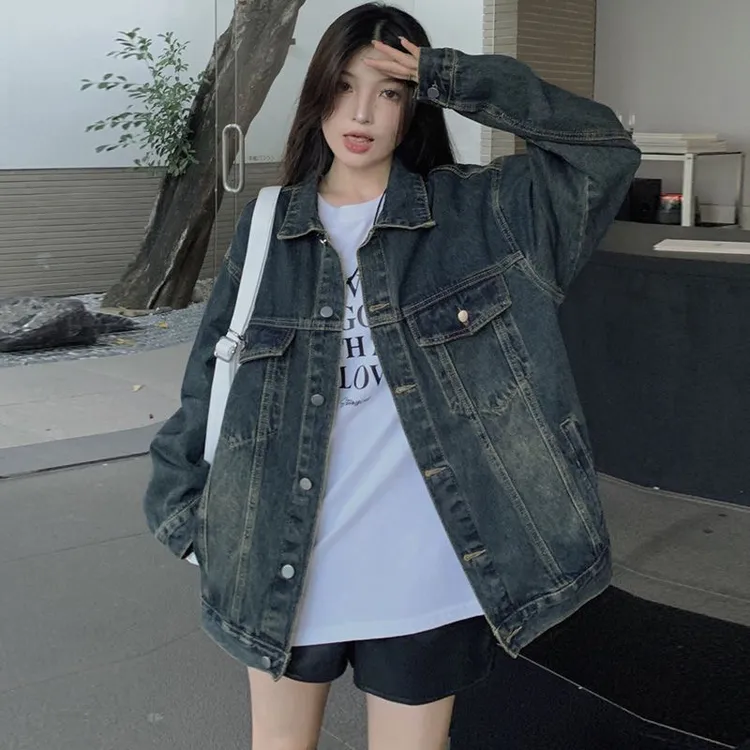 港味复古做旧牛仔外套女春秋款2023秋季新款宽松学生长袖夹克上衣