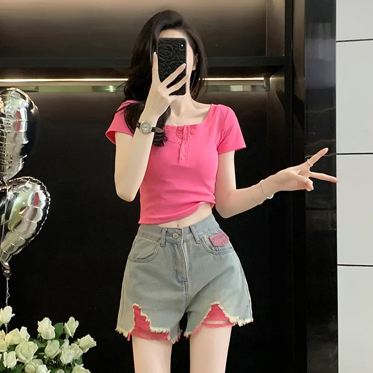 辣妹小个子穿搭女夏季时尚减龄正肩短袖T恤牛仔上衣短裤t恤两件套