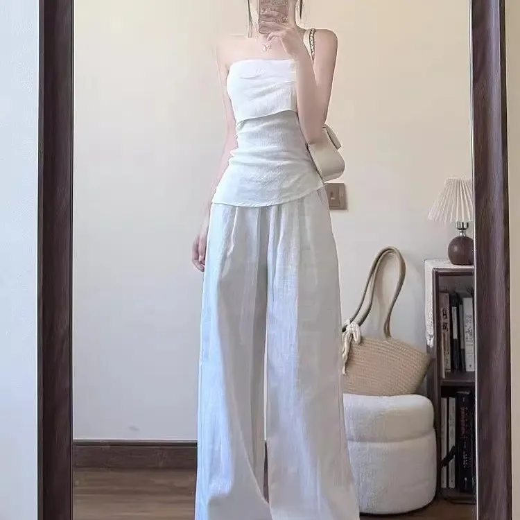 白色亚麻抹胸上衣阔腿裤休闲套装2025夏季搭配一整套减龄洋气女装