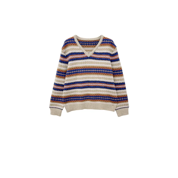 【亚楠本楠】塞纳河畔◆费尔岛慵懒风提花复古V领针织毛衣8834