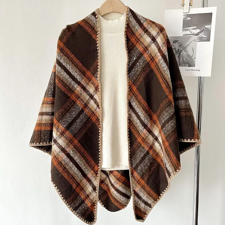 仿羊毛三角披肩双面可带时尚百搭减龄保暖格子围巾披肩