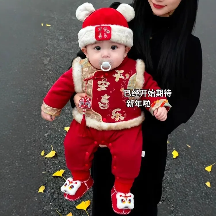 婴儿冬装连体衣加棉加厚宝宝喜庆保暖唐装新生百天周岁拜年服冬季